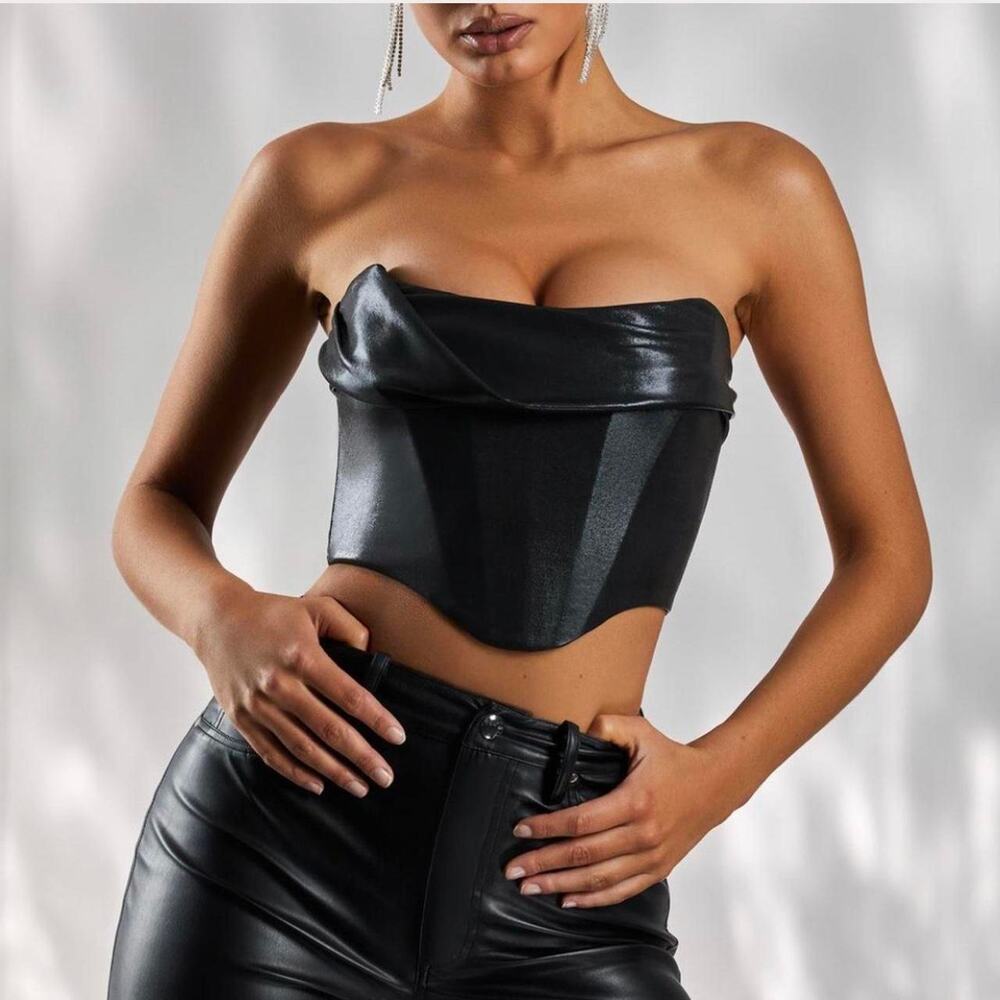 Oh Polly Black Faux Leather Corset Crop Top Sculpting Going Out Bustier